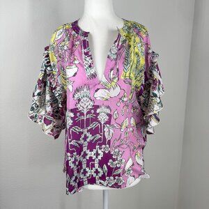 Mariacher PInk Luli Blouse 100% Silk Floral Short Sleeve Ruffled V Neck Sz M